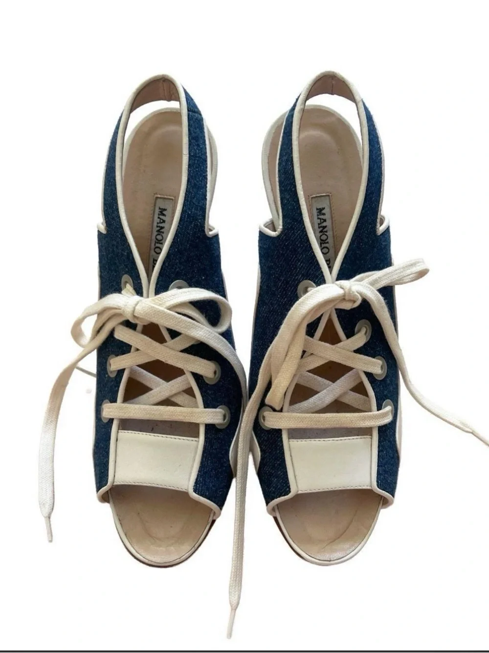 Manolo Blahnik White and Blue Denim Lace-Up Slingback Heels